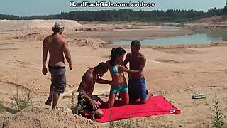 Cute girl prefers sucking dicks in group