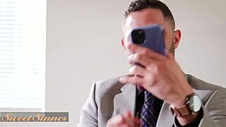 maddy may rides her boss damon dice's cock at work and gets cum on her ass