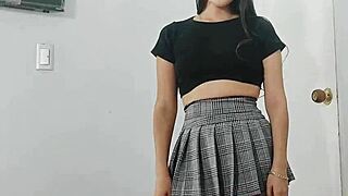 hot stepsister in schoolgirl outfit shows skirt to stepdad and ends up on his bed, so tight