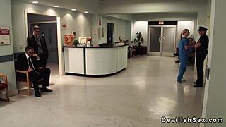 Feeling intense pleasure as the sexy nurse sucks the cop's big cock in the hospital.