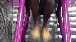 working out on the machine in the gym with my roommate