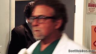 Feeling intense pleasure as the sexy nurse sucks the cop's big cock in the hospital.