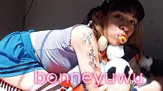 bonneyuwu plays with plushies and squirts milk with pacifier