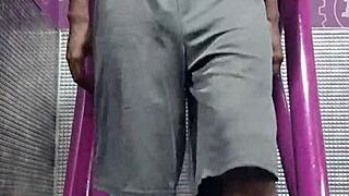 working out on the machine in the gym with my roommate