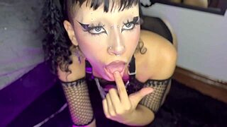 Young brunette masturbates alone with toys, fingering her pussy until squirting hard and tasting her juices