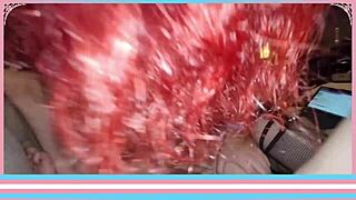 Shemale fucks female and male in bareback creampie threesome.