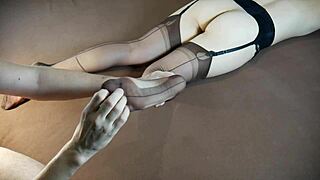 Horny milf in stockings moans during soles massage and tickling