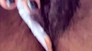 Latina Milf Enjoys Hairy Pussy Massage With Dildo Outdoors