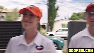 two horny technicians caught snooping and punished by busty milf