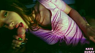 brunette teen gives blowjob during evening movie