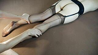 Horny milf in stockings moans during soles massage and tickling