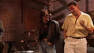 April flashes her shaved pussy and gets fingered deeply