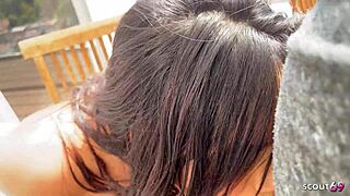 Tanned Latina Model With Perfect Fit Body And Long Nipples At Risky No Condom Fuck With Old Tourist On Balcony