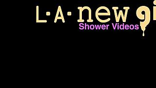 Petite blonde takes shower.