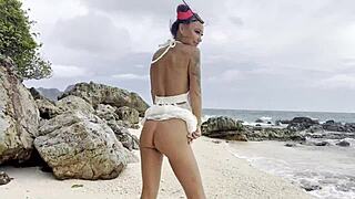 monika fox swims in sea and fucks pussy with big dildo on white sand beach 😍