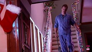 During Christmas, Blonde Babe with Big Fake Tits Gets Drilled by Hung Stud!