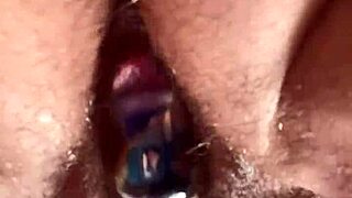 Tease your senses with up close hairy pussy glass dildo masturbation