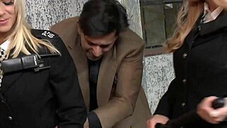 Jenny Babie and Stacey Saran finish him with double blowjob after screwing