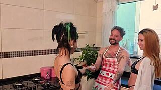 Cooking for neighbor and daughter leads to kitchen threesome in sheer red