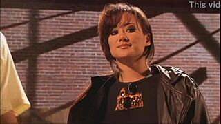 April flashes her shaved pussy and gets fingered deeply