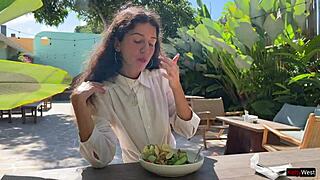 I aksed my freind to cum on my face in the cafe so I could eat food with sperm - public cumwalk