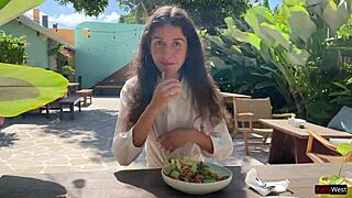 I aksed my freind to cum on my face in the cafe so I could eat food with sperm - public cumwalk