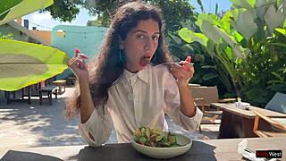 I aksed my freind to cum on my face in the cafe so I could eat food with sperm - public cumwalk