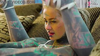 Tattoo Girl Solo Anal Play with Big Dildo in Sexy Fishnets Highheels Stocking