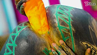 Tattoo Girl Solo Anal Play with Big Dildo in Sexy Fishnets Highheels Stocking