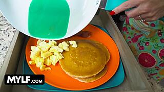 Big Titted Housewife Surprises Husband with Breakfast in Kitchen