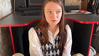 Stepdaughter distracts stepfather from game with blowjob