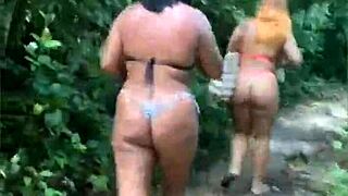 Three Hotties With Hairy Pussies And Big Asses Get Naughty In The Forest!