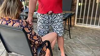 Stepmom and stepson try mutual masturbation outdoors, ending in creampie 😏