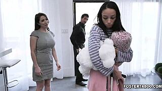 Alexis Tae's new foster stepparents talk her into staying for an intimate session with blowjobs and more.