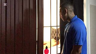 Young Latina Teases with Striptease Before Vagina Licking in Outdoor Shower