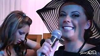 Brunette babe tera patrick massages alec knights cock with her wet pussy casually.