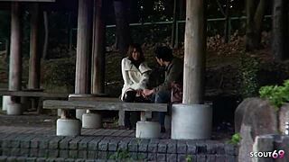 Skinny Japanese teen shocks stranger with blowjob in car casting