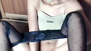 Young wife in OL outfit with crotch stockings and sexy lingerie posing