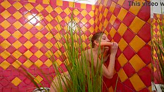 blonde babe uses anal dildo for solo masturbation in the bathroom