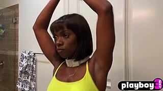 Petite ebony babe ana foxxx exposes sexy body before hot masturbation.