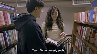 Teen bookworm gets roughly fucked in doggystyle at the library