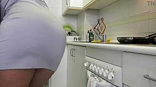 Amateur cuckold wife fucked by stepson in her kitchen while husband is at work