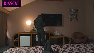 Guess the birthday gift for the cuck husband: hot wifey fucks handyman in hotel with hubby holding hand and hair.