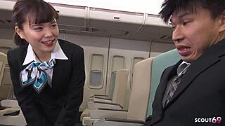 Oh Wow, Nervous Guy Swallows Cum From Japanese Stewardess Blowjob On Plane!