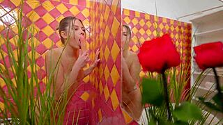 blonde babe uses anal dildo for solo masturbation in the bathroom