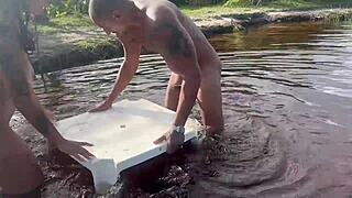 This teen is fucking in the middle of the lake with a sexy latina pornstar brunette