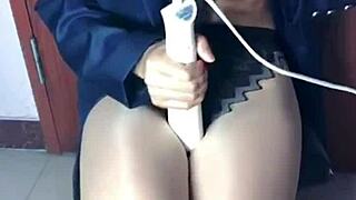 Young wife in OL outfit with crotch stockings and sexy lingerie posing