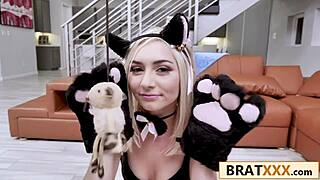 Pretty teen cosplays black cat for sexy roleplay