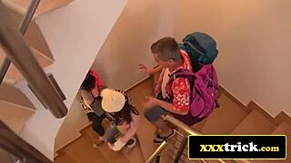 brazilian babe and french fox suck creepy landlord's big dick together