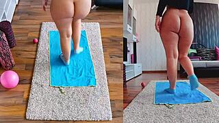 Curvy Milf Spreading Asshole During Naked Yoga Workout in Dual Cam